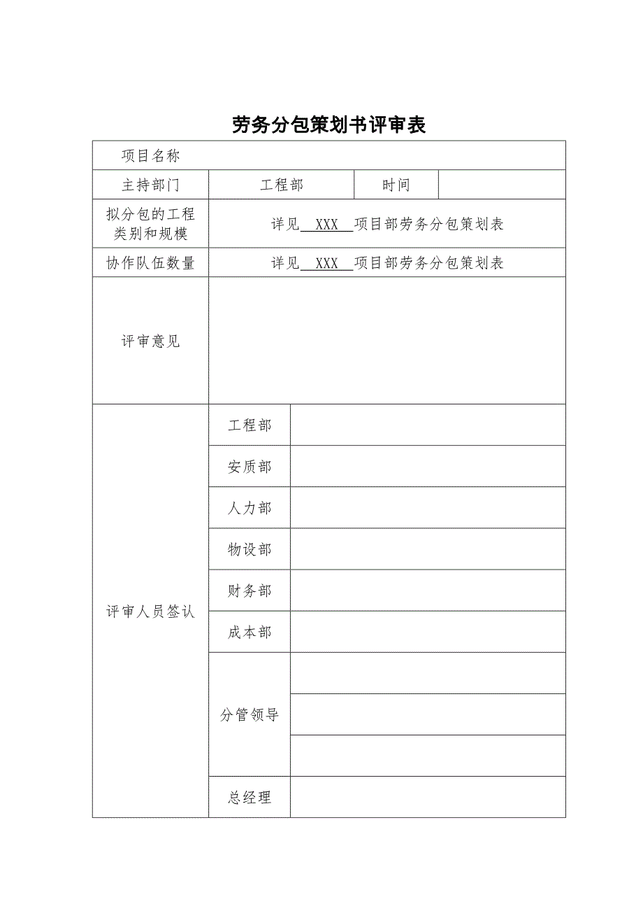 劳务分包策划书模板试行_第1页