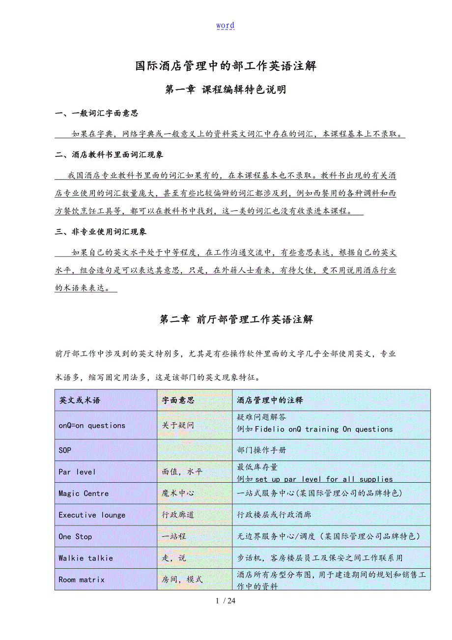 国际酒店管理系统中地内部工作英语注解_第1页