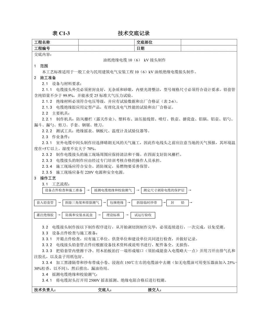 004油纸绝缘电缆10(6) KV接头制作工艺_第1页