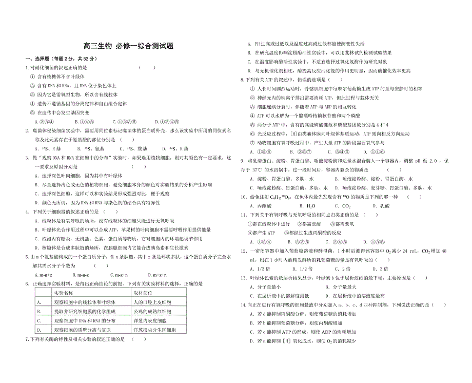 高三生物必修一综合测试题_第1页