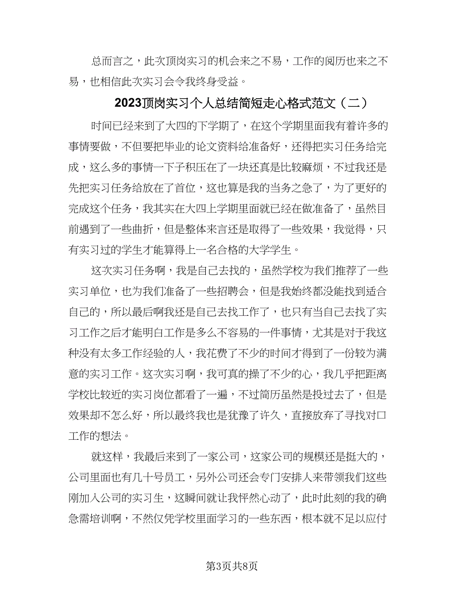 2023顶岗实习个人总结简短走心格式范文（五篇）_第3页