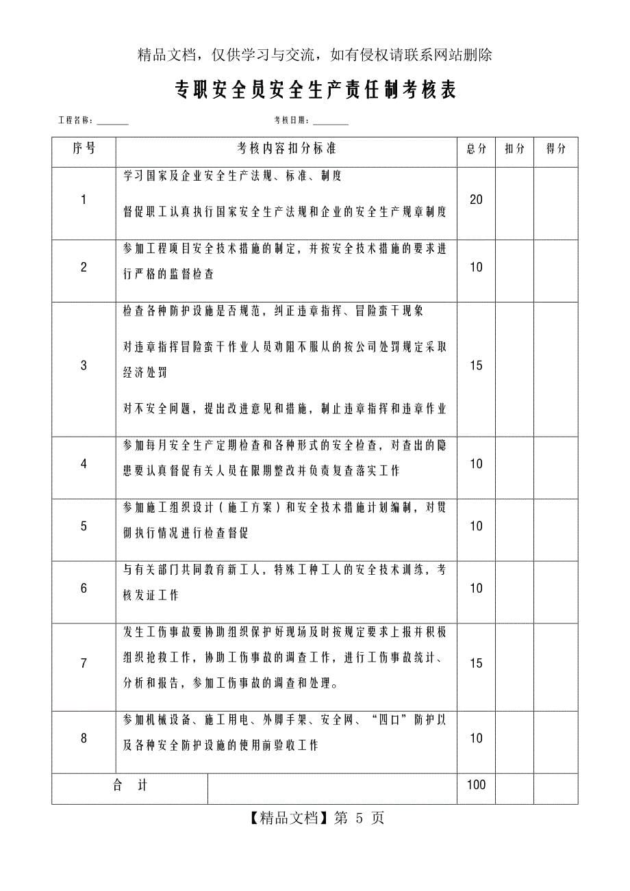 各种安全生产责任制考核表_第5页