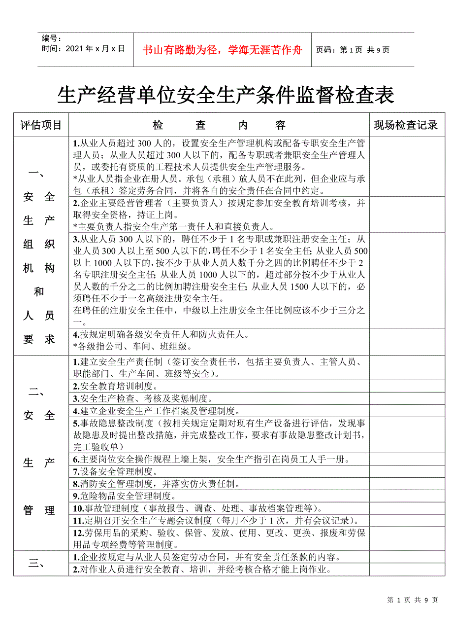 生产经营单位安全生产条件监督检查表_第1页