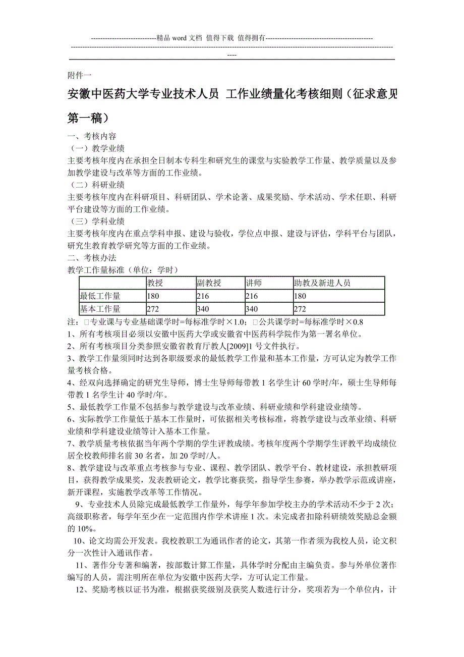 安徽中医药大学专业技术人员工作业绩量化考核细则征求意见第一稿_第1页