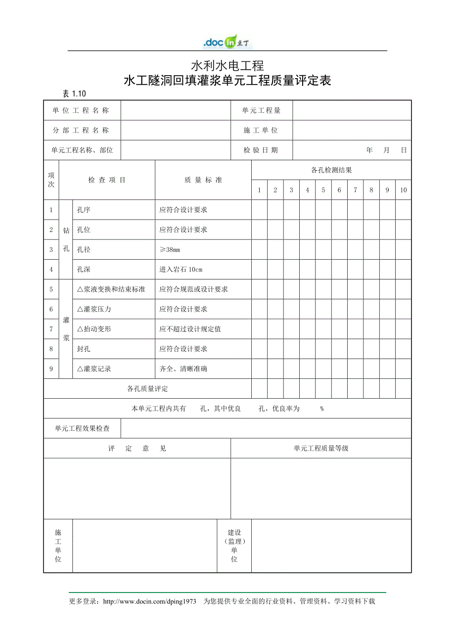 水工隧洞回填灌浆单元工程质量评定表.doc_第1页