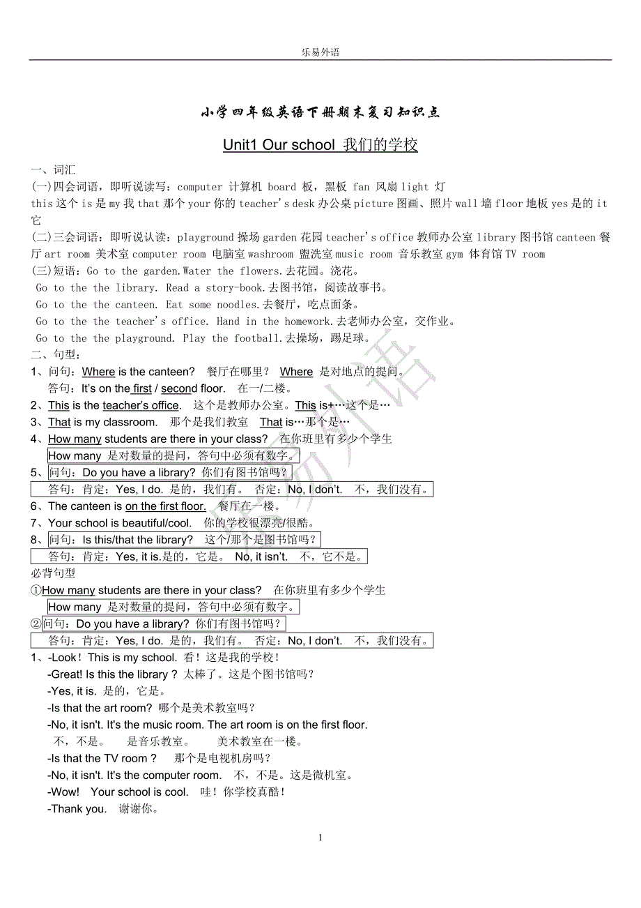 人教小学四年级英语下册期末复习知识点 （精选可编辑）.DOCX_第1页