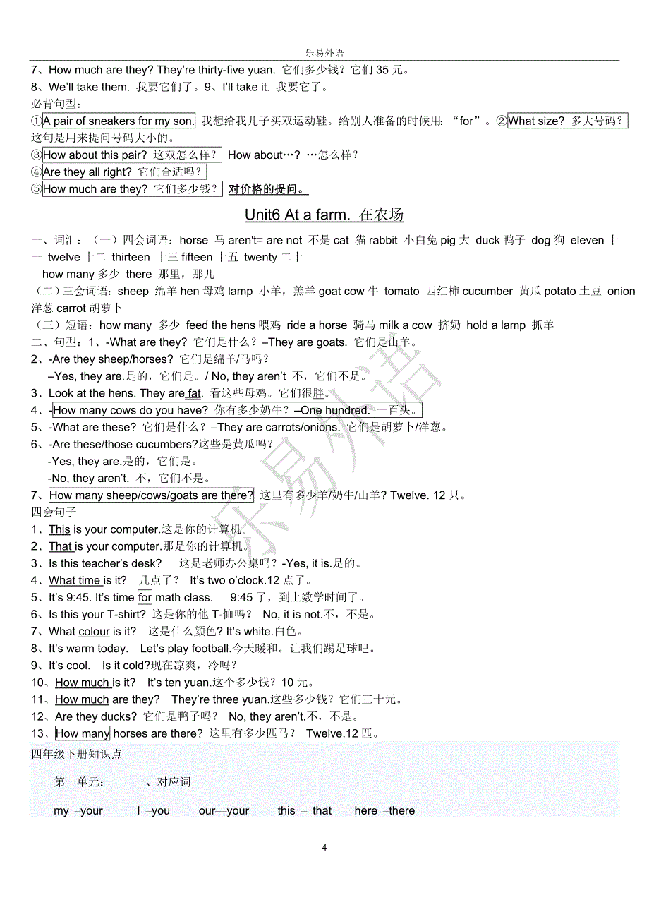 人教小学四年级英语下册期末复习知识点 （精选可编辑）.DOCX_第4页