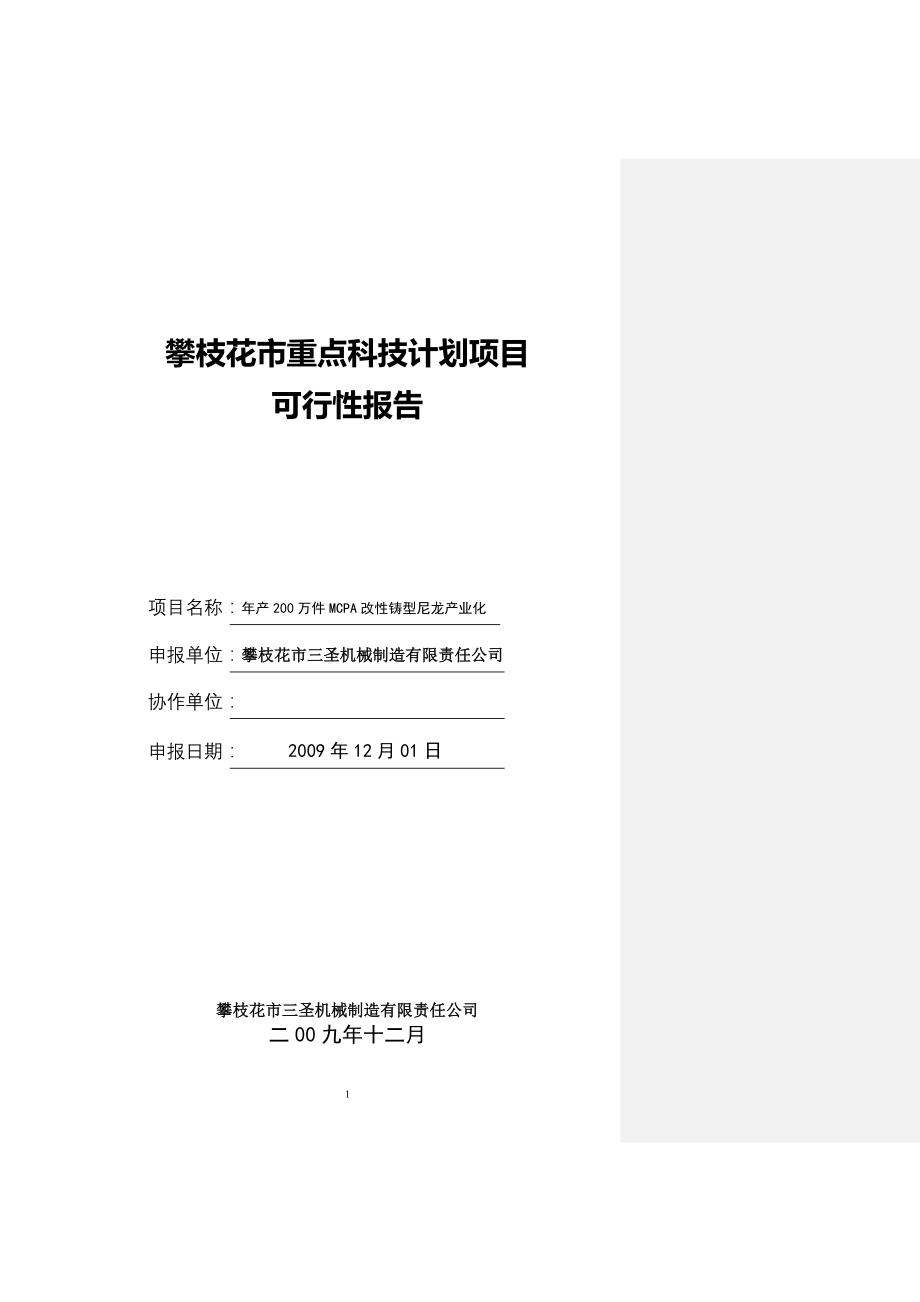 三圣机械制造有限责任公司200万件mcpa改性铸型尼龙产业化建设可行性研究报告_第1页