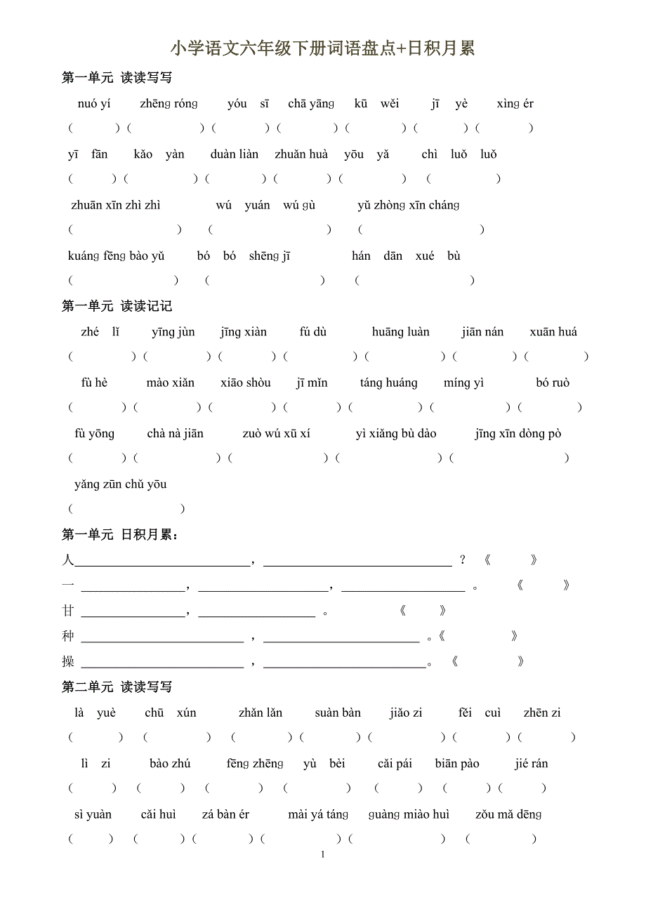 人教版小学语文六年级下册词语盘点+日积月累.doc_第1页