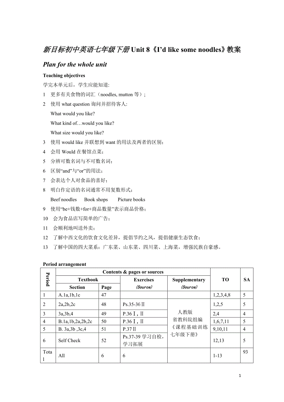 新目标初中英语七年级下册Unit 8《I’d like some noodles》教案_第1页