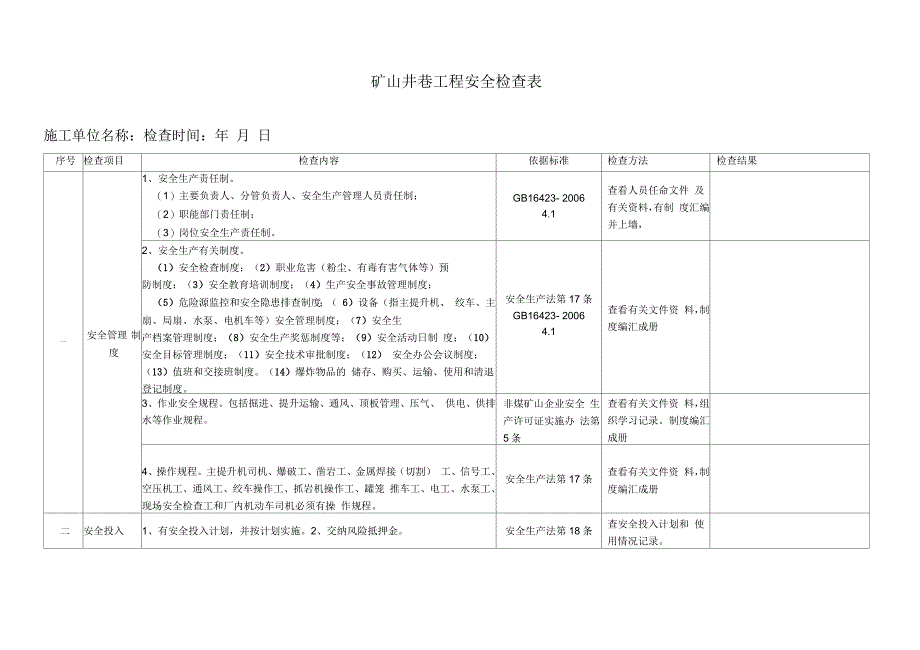 井巷工程安全检查表_第1页