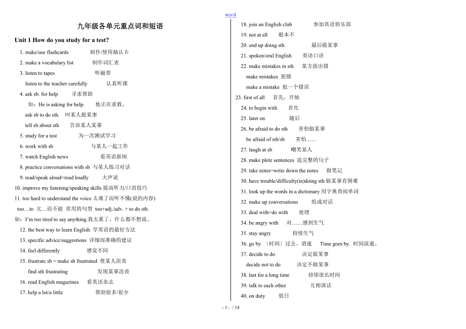 人教版英语九年级重点词组_第1页