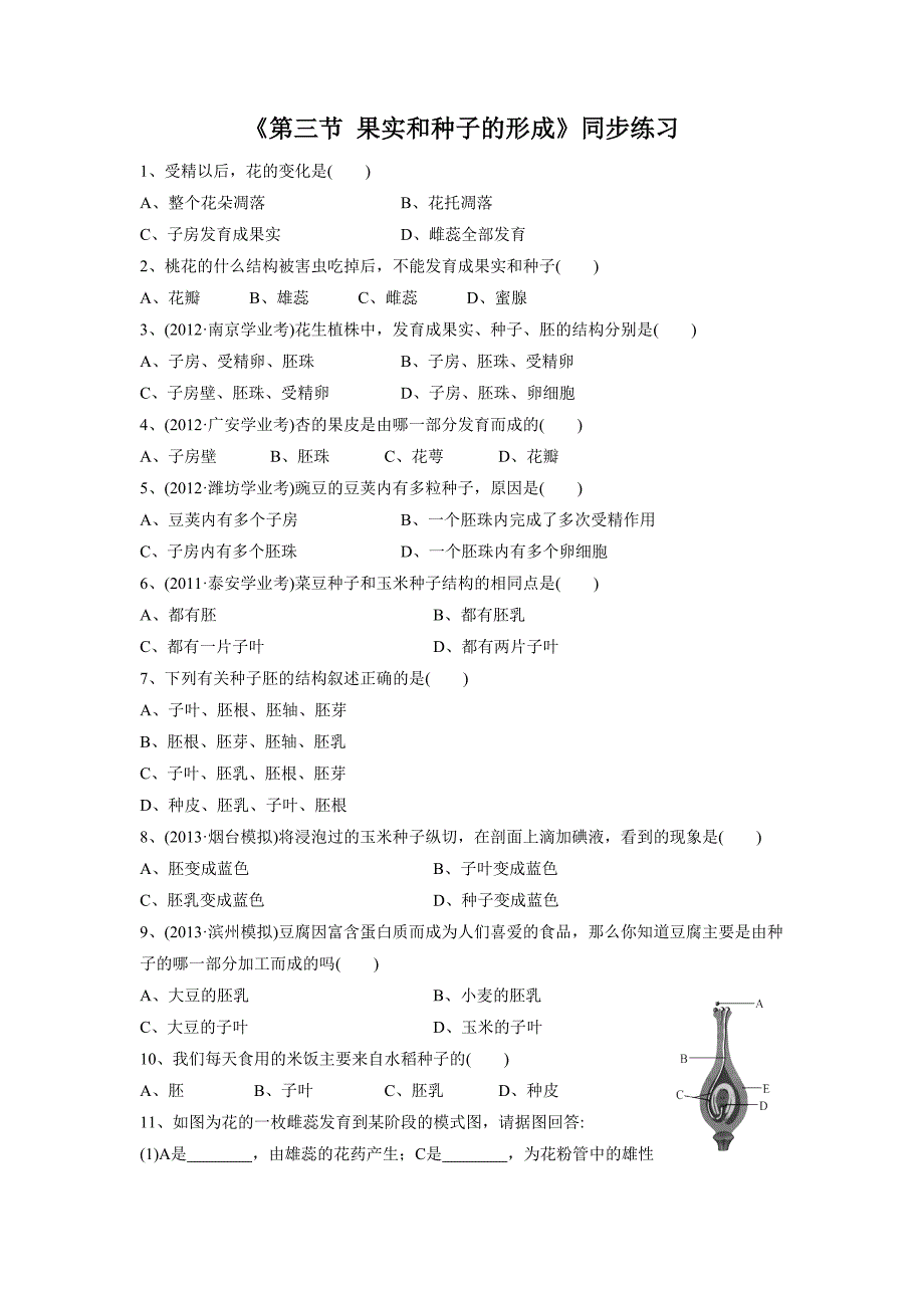 《第三节 果实和种子的形成》同步练习1.doc_第1页