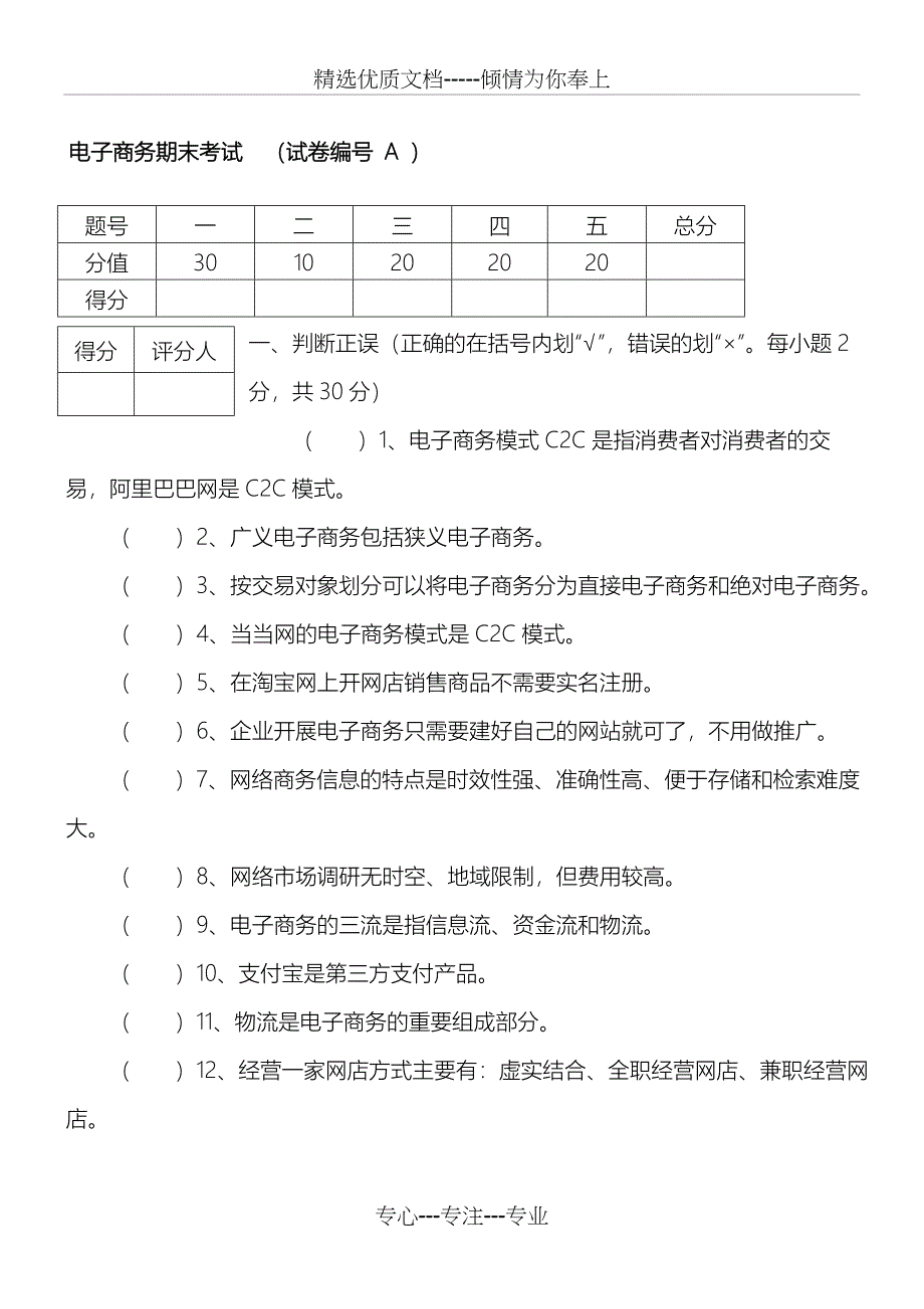 电子商务专业期末试卷及答案_第1页