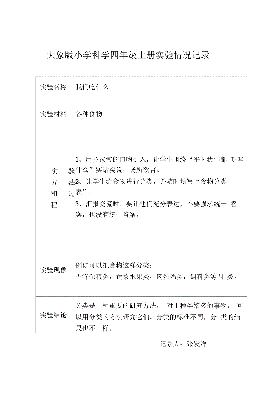大象版小学科学四年级上册实验情况记录_第1页