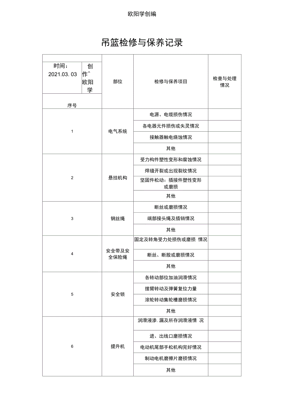 吊篮检修与保养记录_第1页