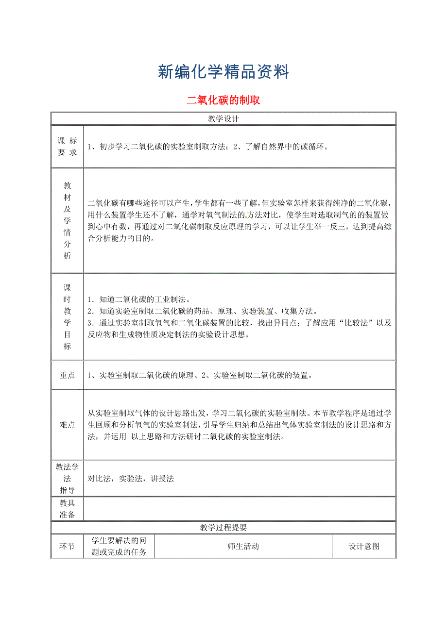 新编九年级化学上册第五章燃料5.3二氧化碳的性质和制法二氧化碳的制取教案粤教版_第1页