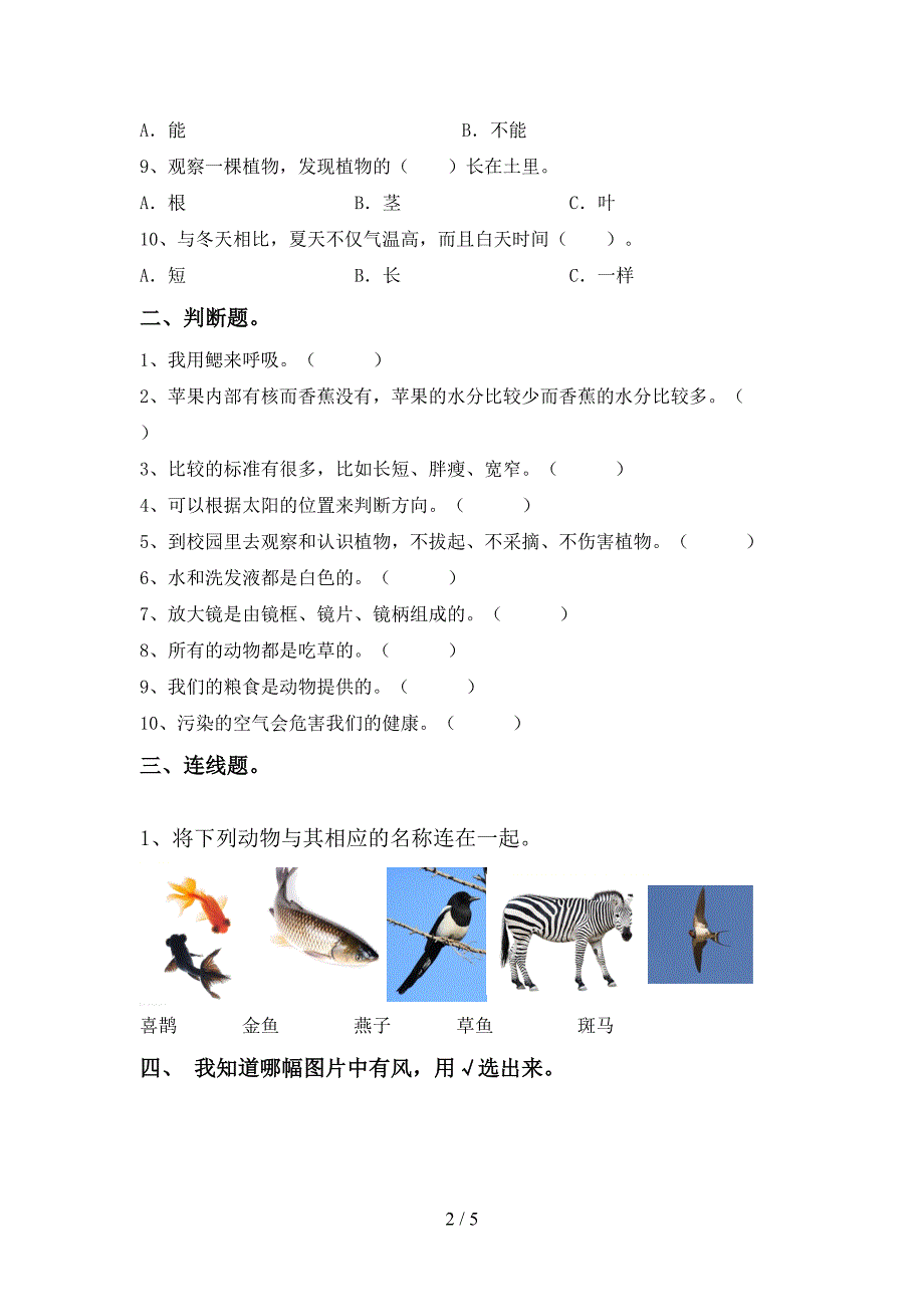 人教版一年级科学下册期中测试卷及答案【最新】.doc_第2页