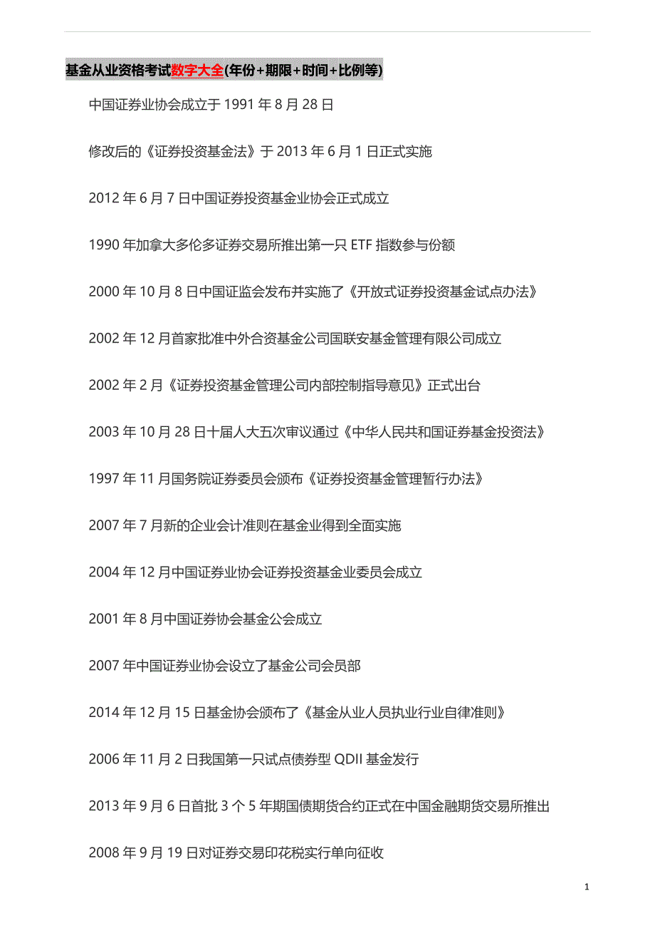 基金从业资格考试数字大全(年份+期限+时间+比例等)--高频考点归纳汇总(十类).docx_第1页