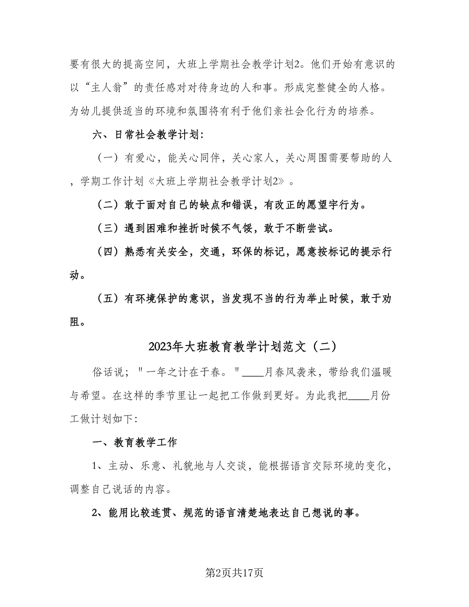 2023年大班教育教学计划范文（九篇）_第2页