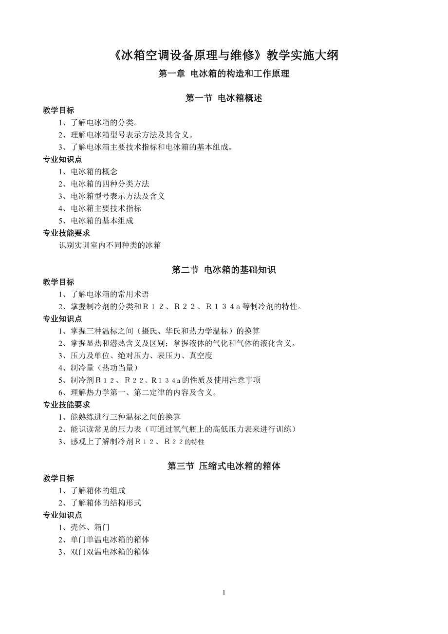 冰箱空调设备原理与维修教学实施大纲格式样板_第1页