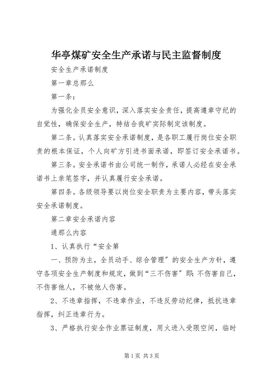 2023年华亭煤矿安全生产承诺与民主监督制度.docx_第1页