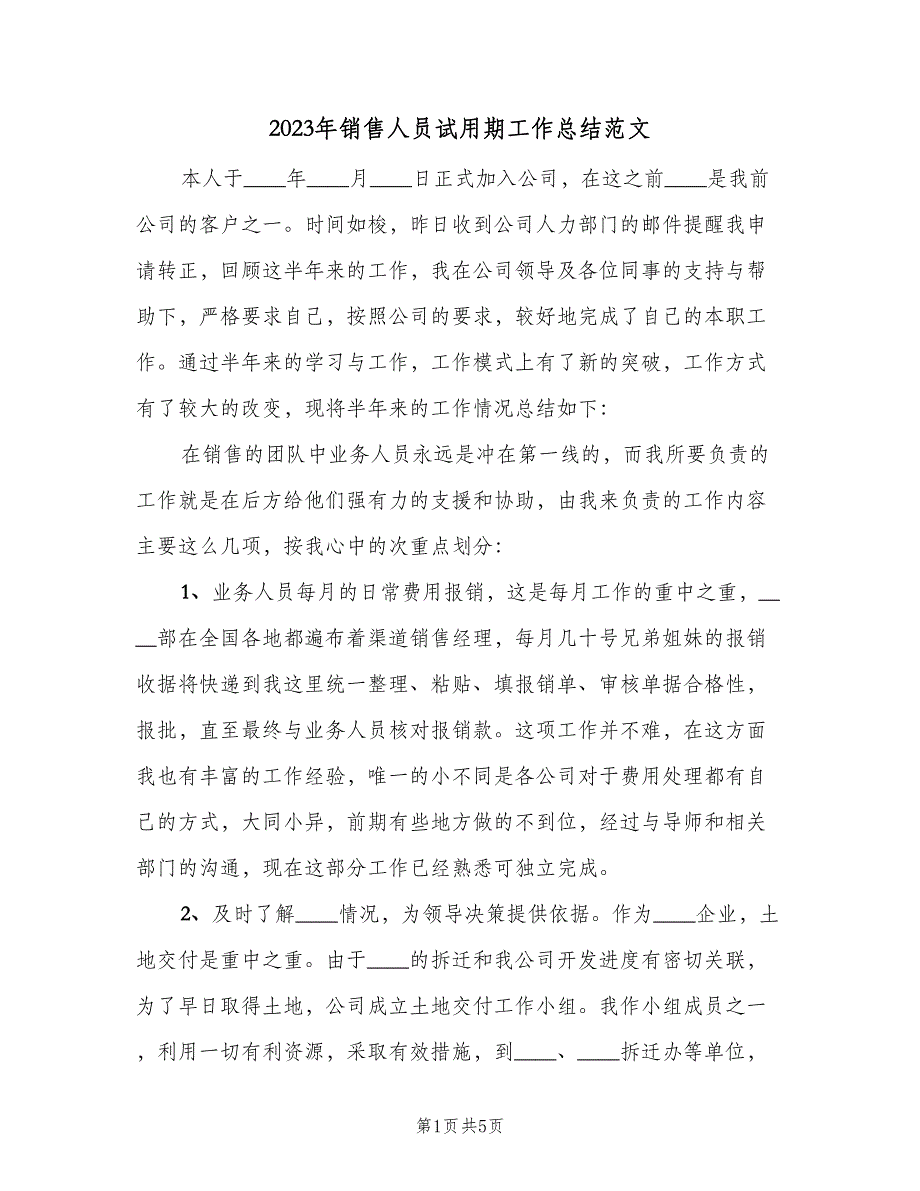 2023年销售人员试用期工作总结范文（二篇）_第1页