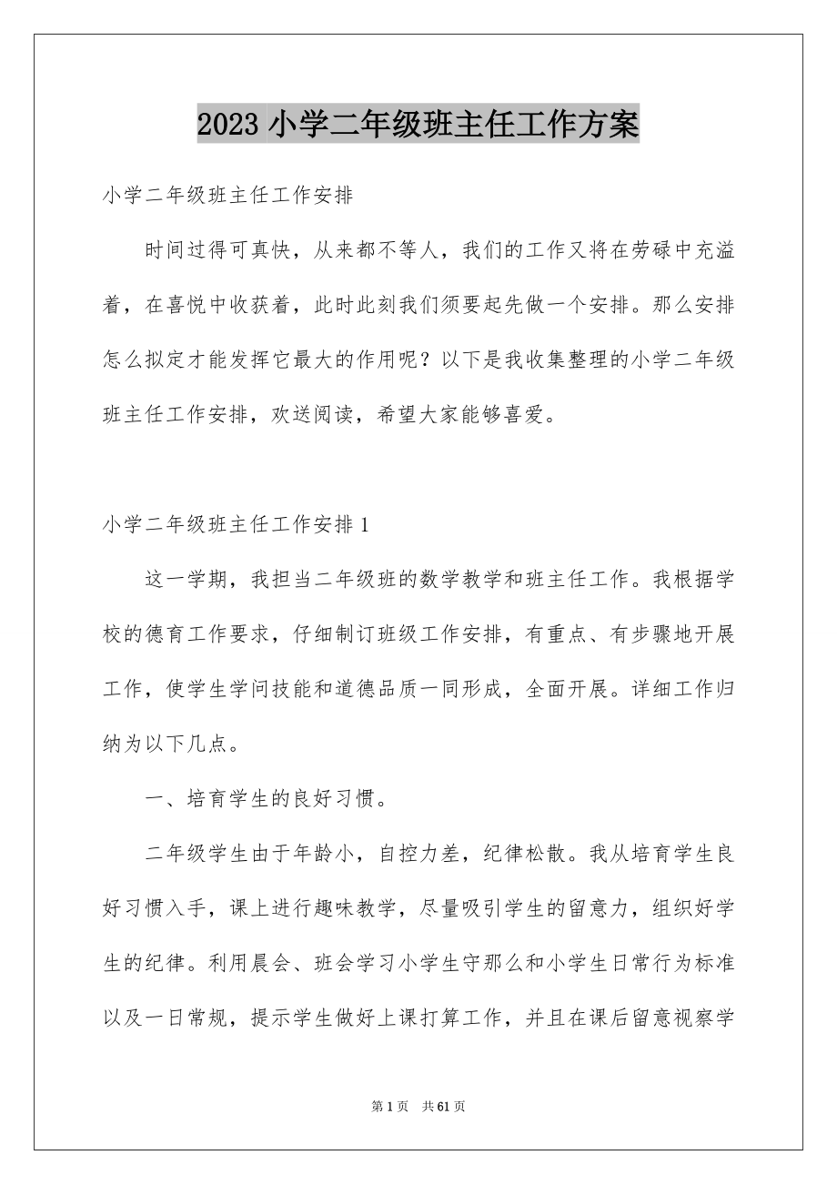 2023年小学二年级班主任工作计划范文.docx_第1页