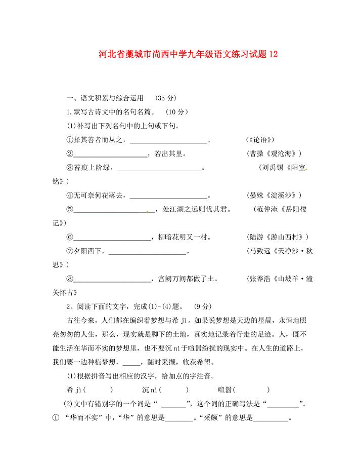 河北省藁城市尚西中学九年级语文练习试题12无答案