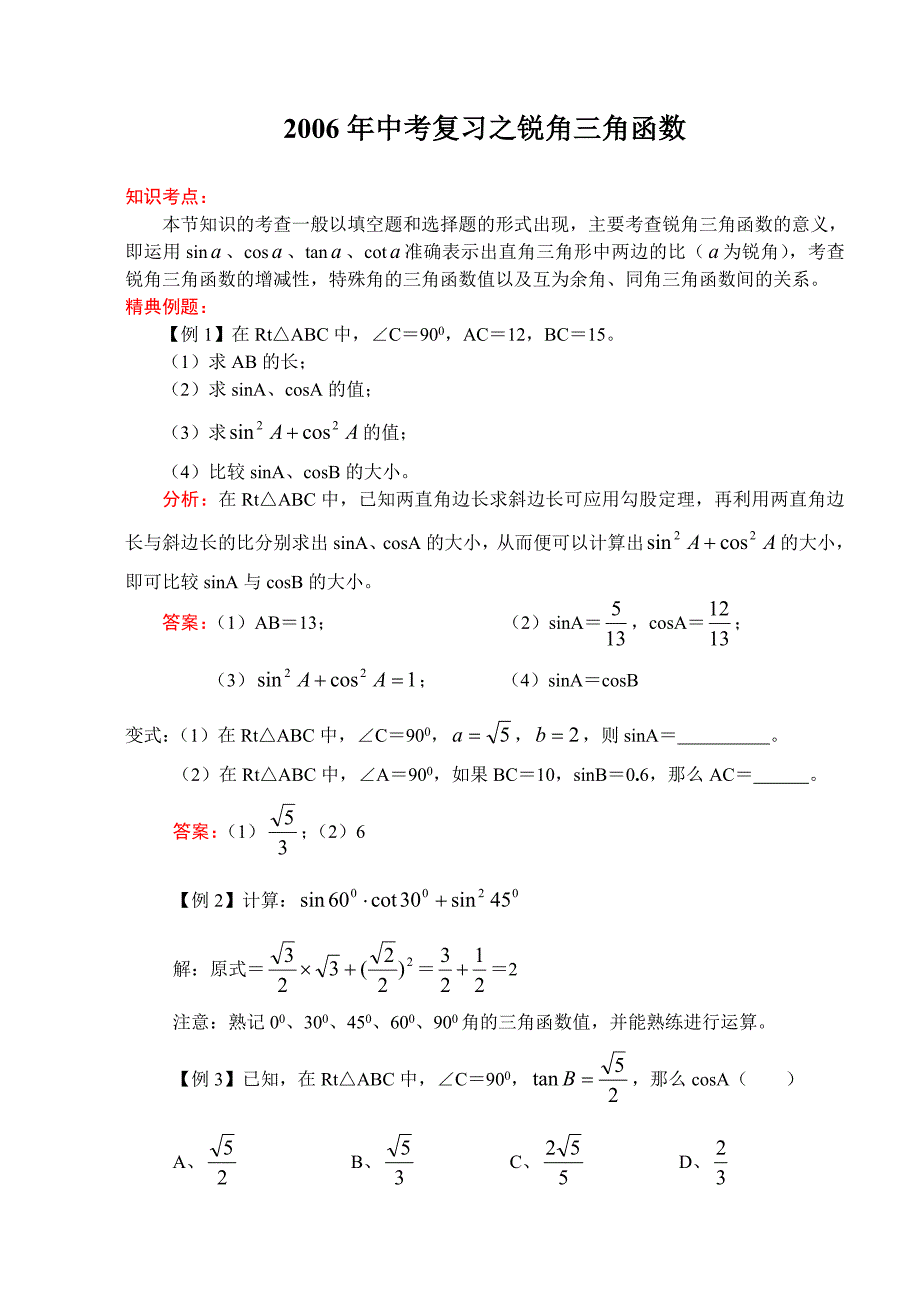 6012006年中考复习之锐角三角函数(教育精品)_第1页