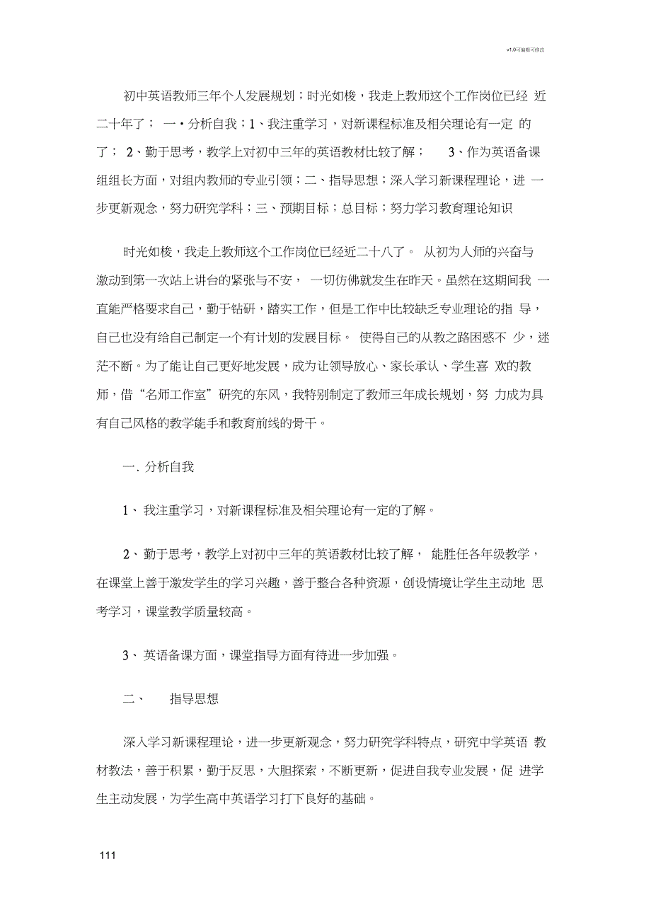 初中英语教师三年个人发展规划_第1页