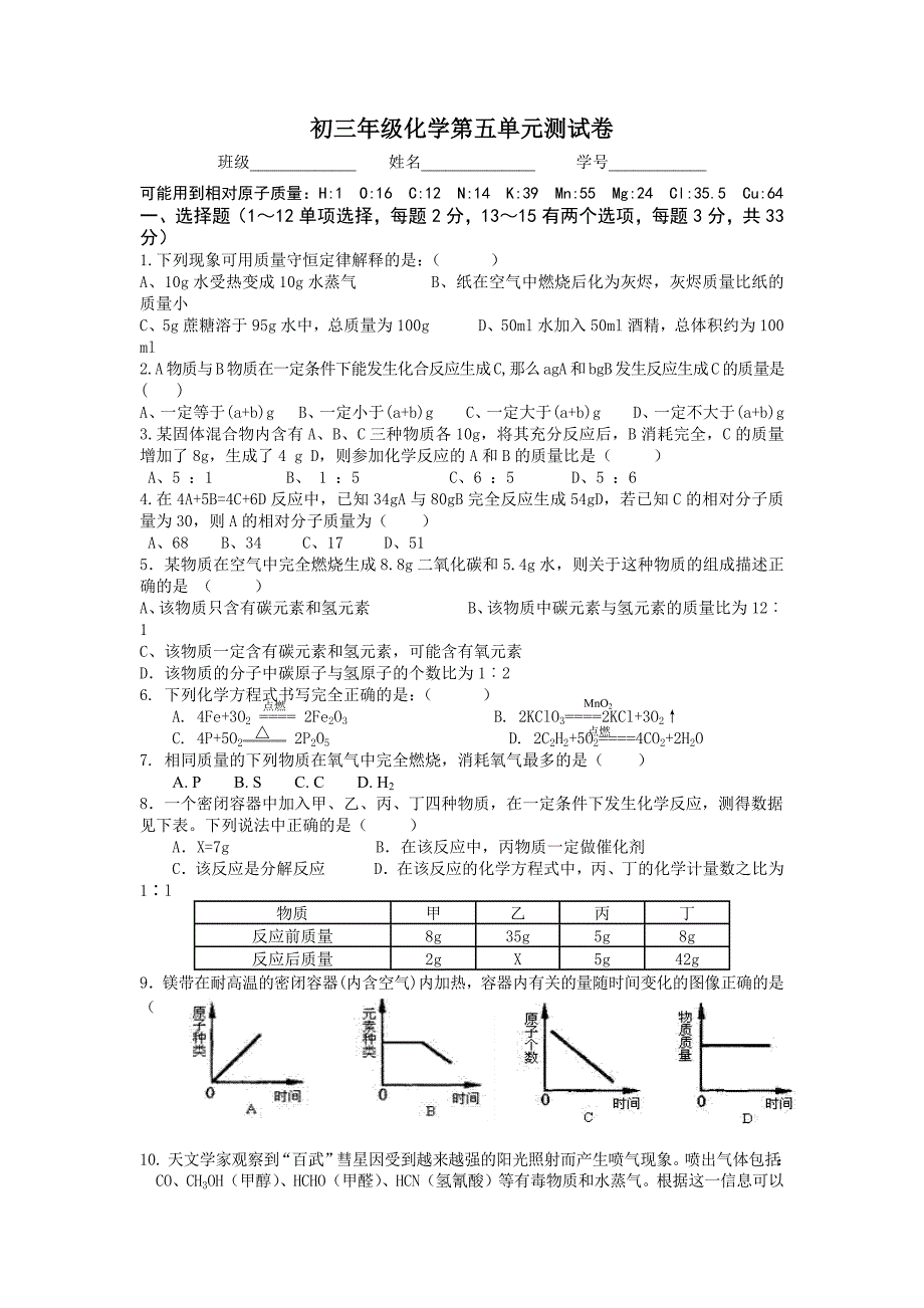 初三年级化学第五单元测试卷.docx_第1页