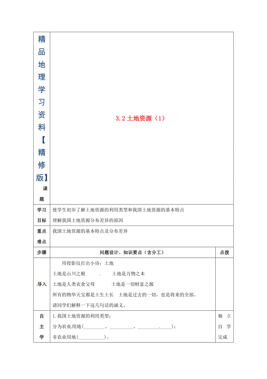 精修版辽宁省辽阳市八年级地理上册3.2土地资源学案1人教版_第1页