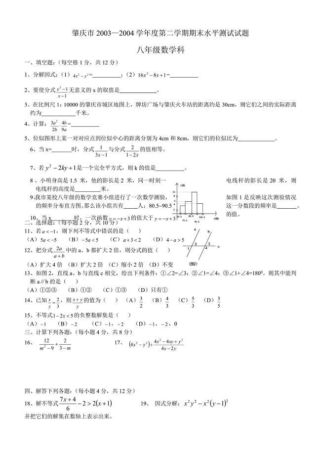 北师版肇庆市端州区八年级（下）期末测试题.doc