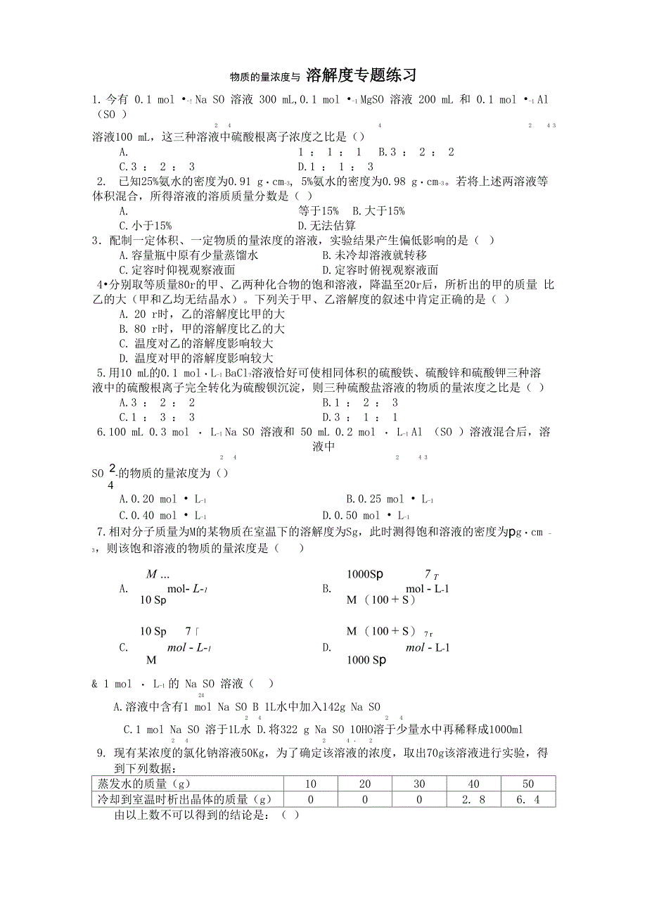 物质的量浓度与溶解度计算_第1页