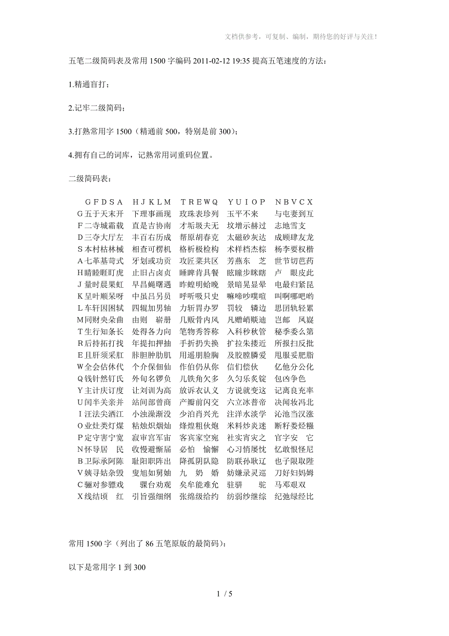 五笔二级简码表及常用1500字编码_第1页