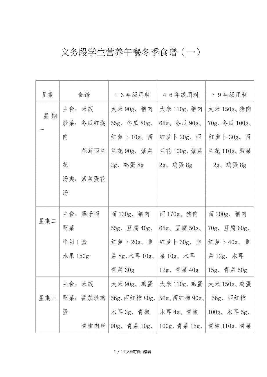 营养改善计划午餐(冬季)食谱_第1页