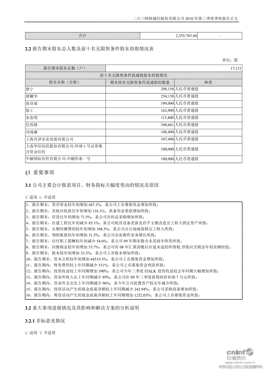 二六三：第三季度报告正文_第2页