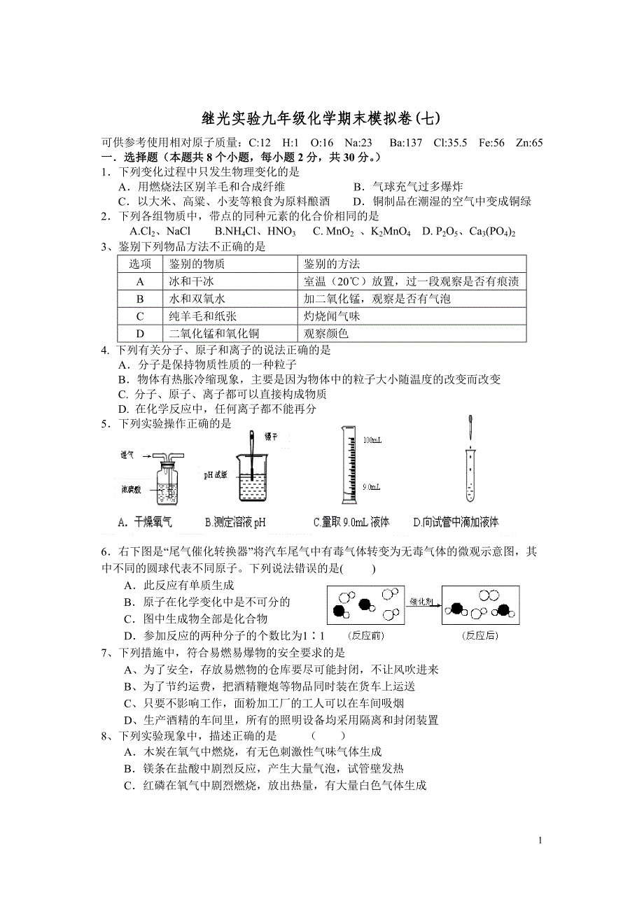 继光实验九年级化学期末模拟卷(七)_第1页