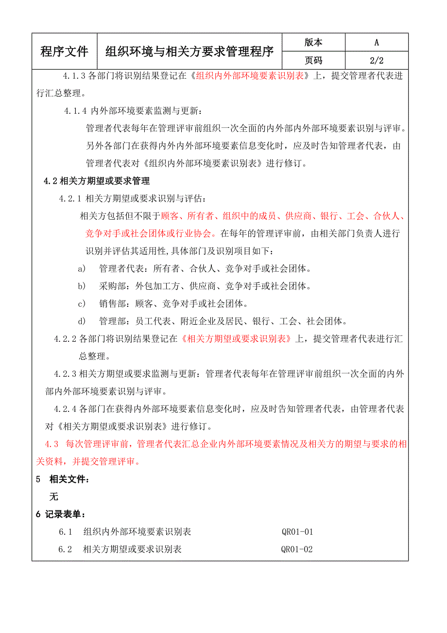 2015版-组织环境与相关方要求管理程序_第4页