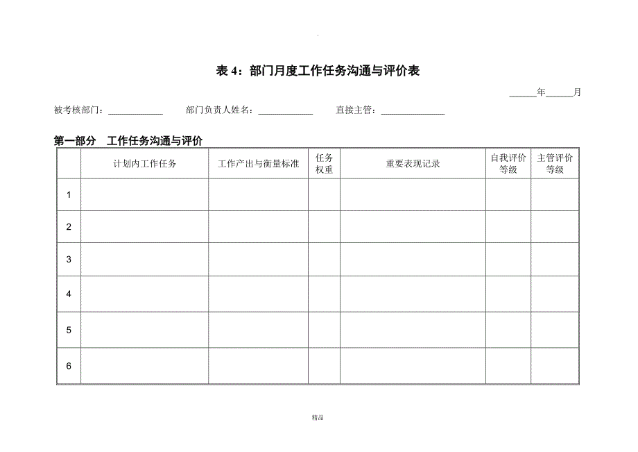 管理精品部门月度计划评价表_第1页