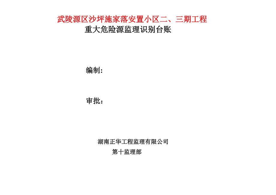 建设施工项目施工安全重大危险源监理识别台账