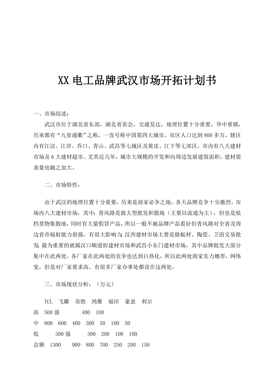 XX电工品牌武汉市场开拓计划书_第1页