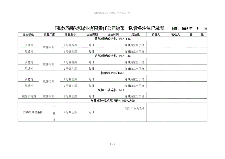 工人们填写的设备注油记录表_第1页