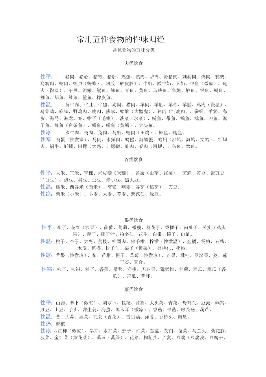 常用五性食物的性味归经_第1页