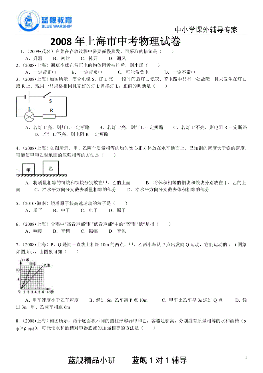 2008年上海市中考物理试卷答案解析_第1页