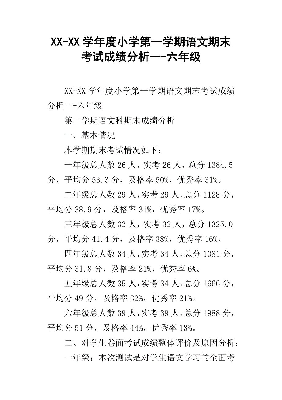 XXXX学年度小学第一学期语文期末考试成绩分析一六年级_第1页