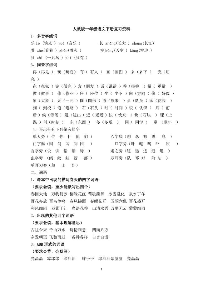 人教小学一年级语文下册总复习资料大全 （精选可编辑）.DOC