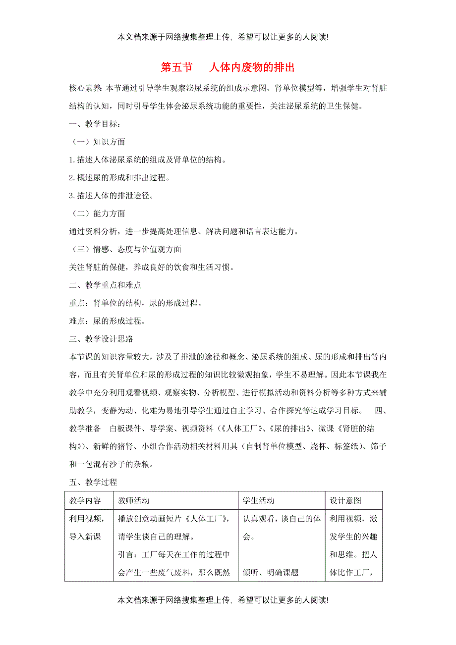 七年级生物下册 4.5《人体内废物的排出》教案 （新版）新人教版_第1页