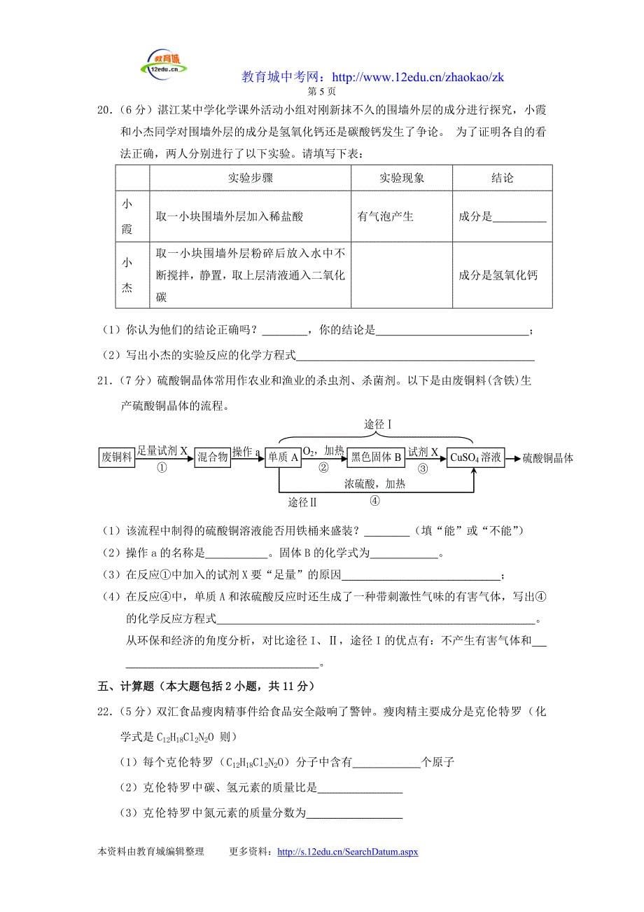 2011年湛江市中考模拟考试化学试卷_第5页